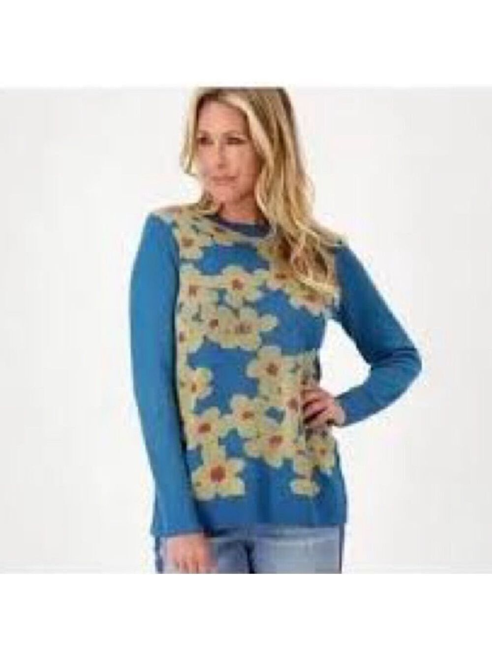 LOGO by Lori Goldstein Floral Jacquard Long Sleeve Sweater Coastal Blue. Size S